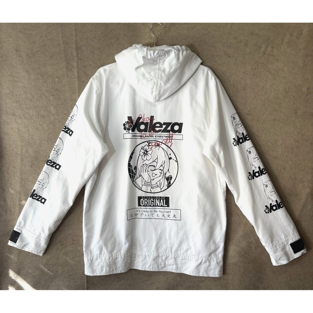 Valeza Anime Hooded Jacket Mens Sz L White Streetwear Pockets‎ OK To Be Yourself